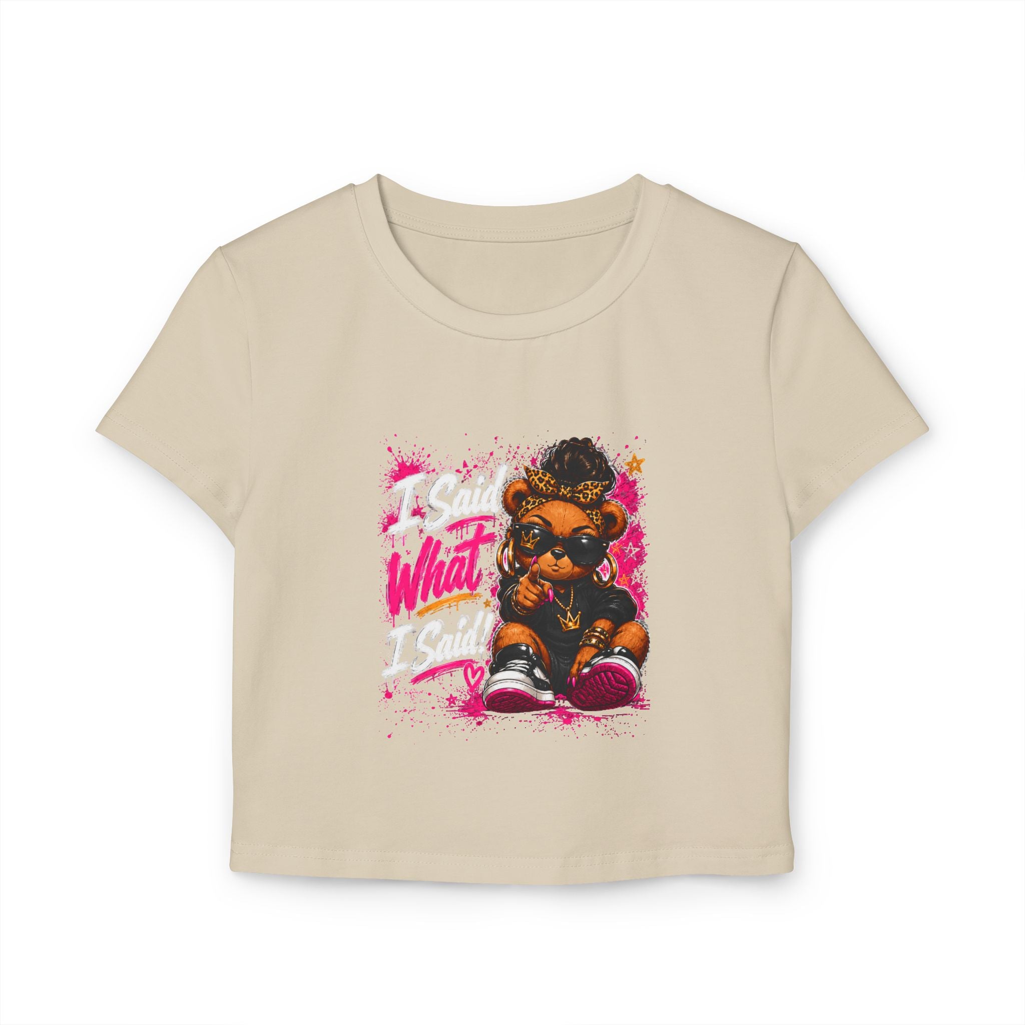 “I said what I said” - Vintage Cute Bear Graphic Crop Tee — 'CUTE' Pink Streetwear Women's Baby Tee
