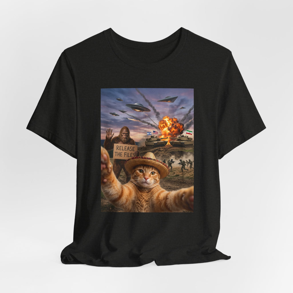 Apocalyptic Cat Selfie T‑Shirt – 'Release the Flies' Surreal Graphic Tee