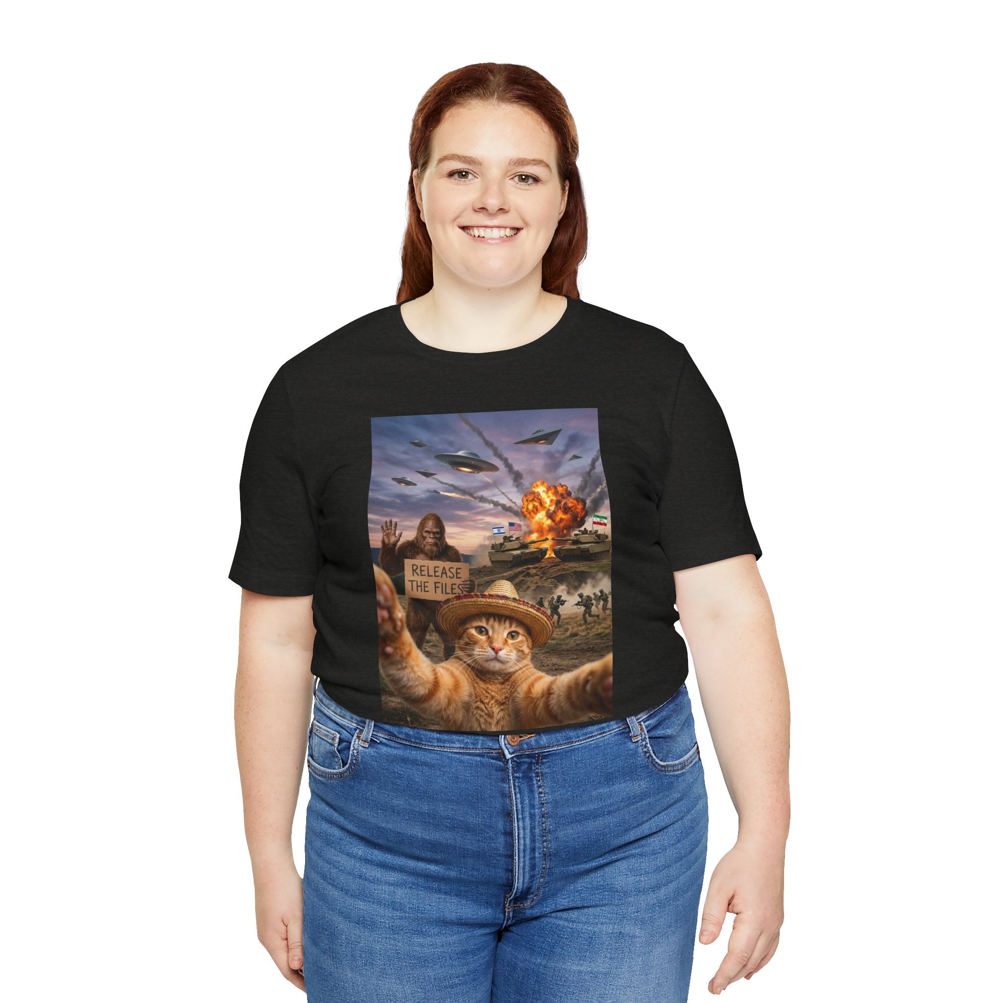 Apocalyptic Cat Selfie T‑Shirt – 'Release the Flies' Surreal Graphic Tee