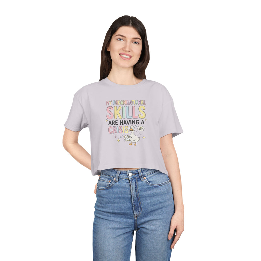 Crop Tee — "My Organizational Skills Are Having a Crisis" Cute Pastel Graphic