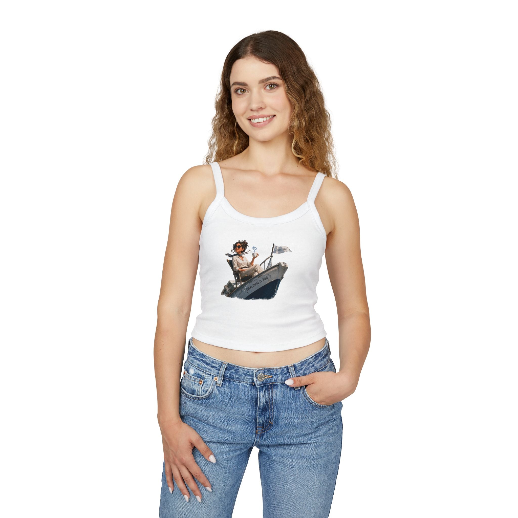 “I got this” Tank Top — Vintage Girl in Speedboat Graphic Spaghetti Strap Crop