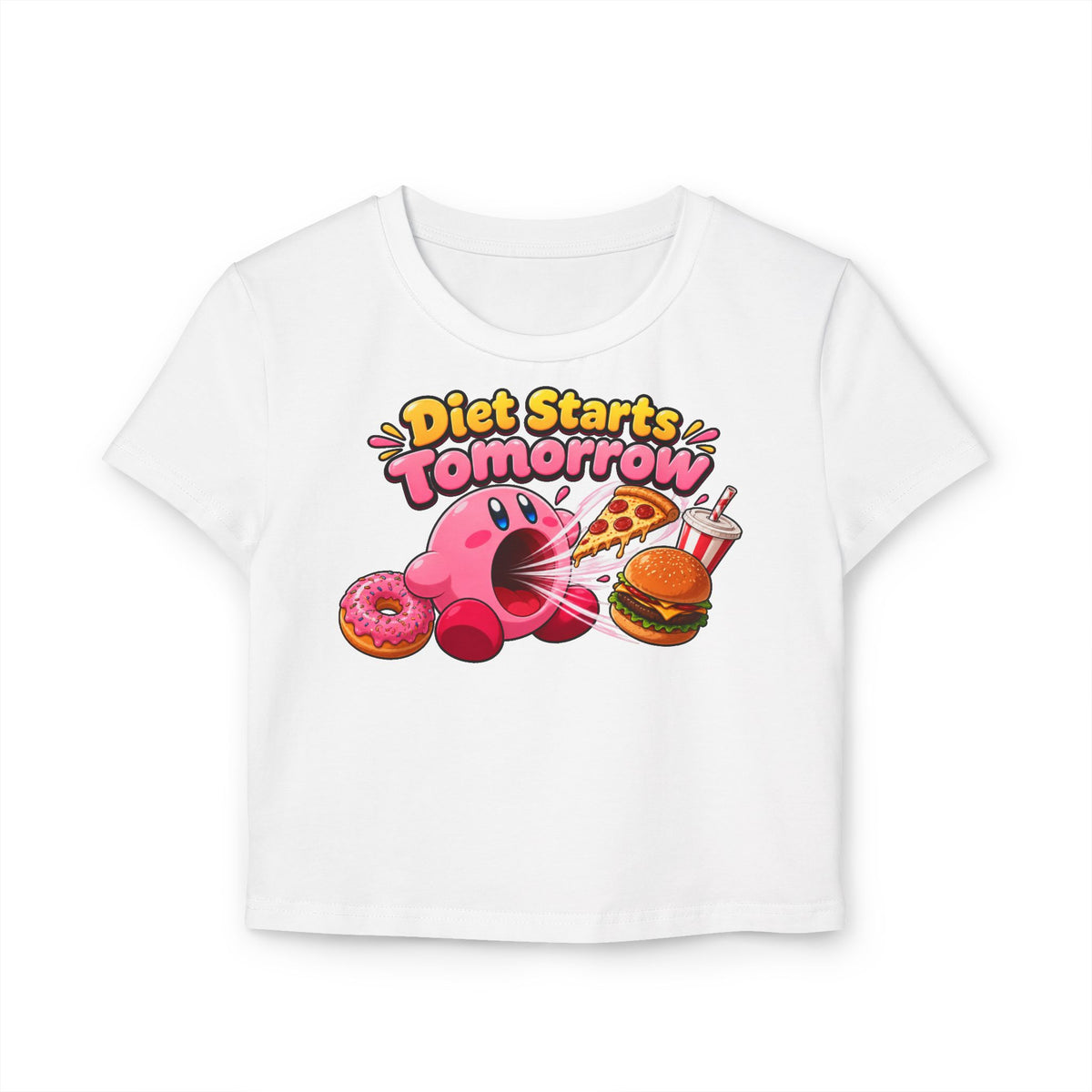 Diet Starts Tomorrow Baby Tee — Cute Kirby Eating Pizza, Donut & Burger Graphic