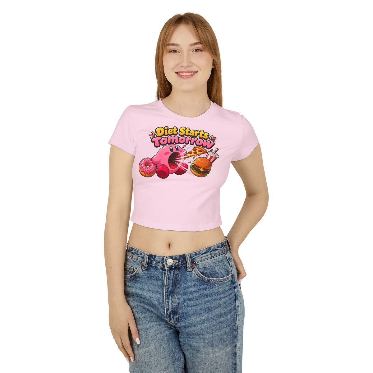 Diet Starts Tomorrow Baby Tee — Cute Kirby Eating Pizza, Donut & Burger Graphic