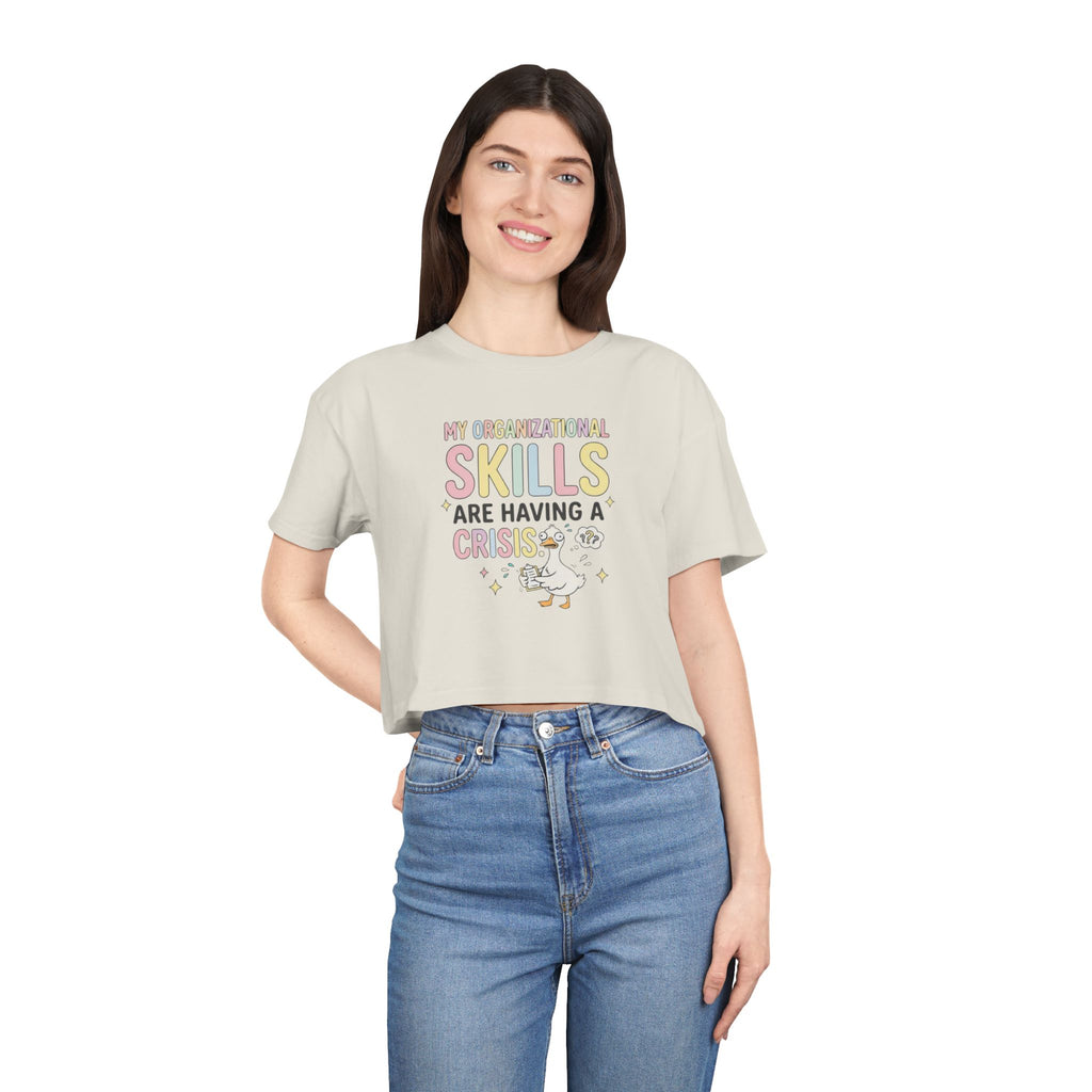 Crop Tee — "My Organizational Skills Are Having a Crisis" Cute Pastel Graphic