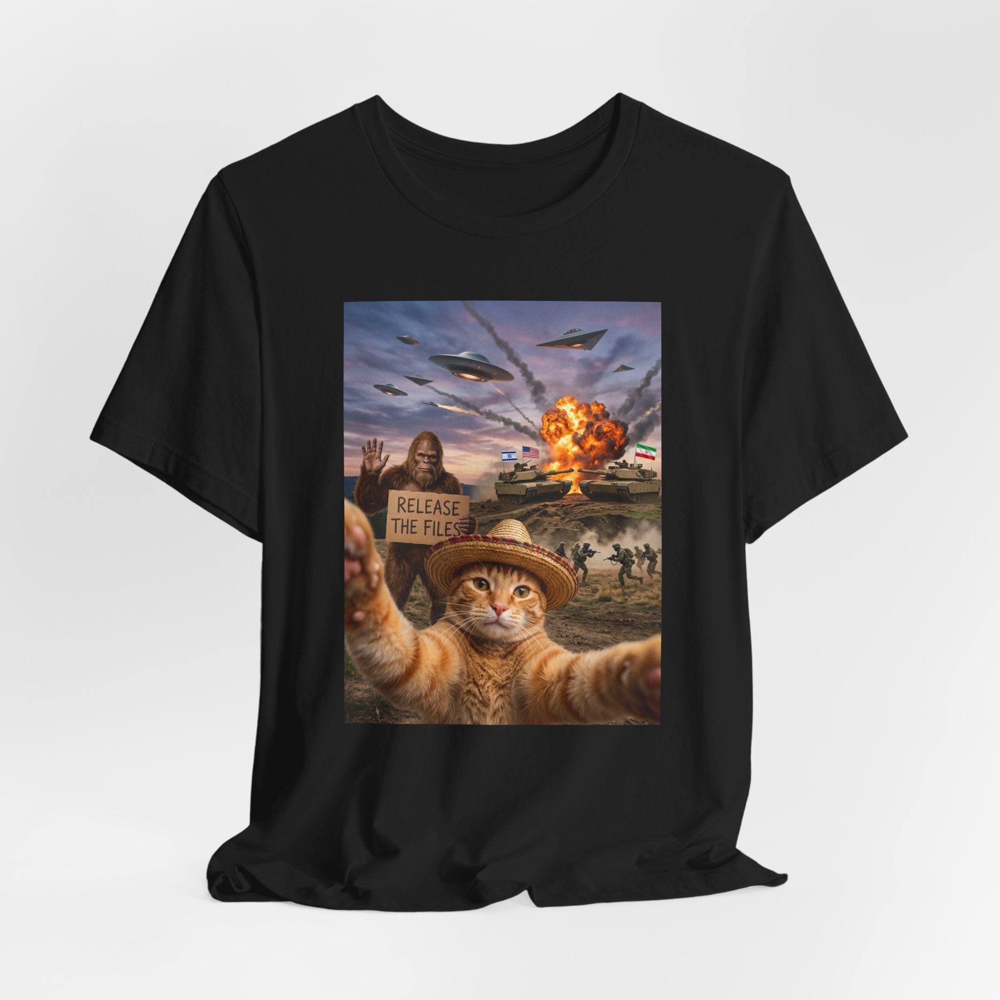 Apocalyptic Cat Selfie T‑Shirt – 'Release the Flies' Surreal Graphic Tee
