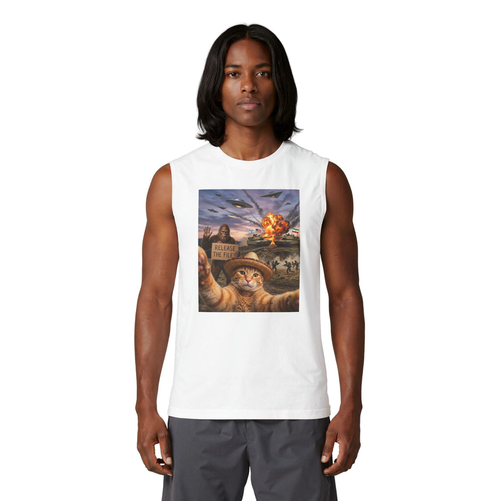 Cat Selfie Tank Top — 'Release the Felines' War Humor Graphic Muscle Tee