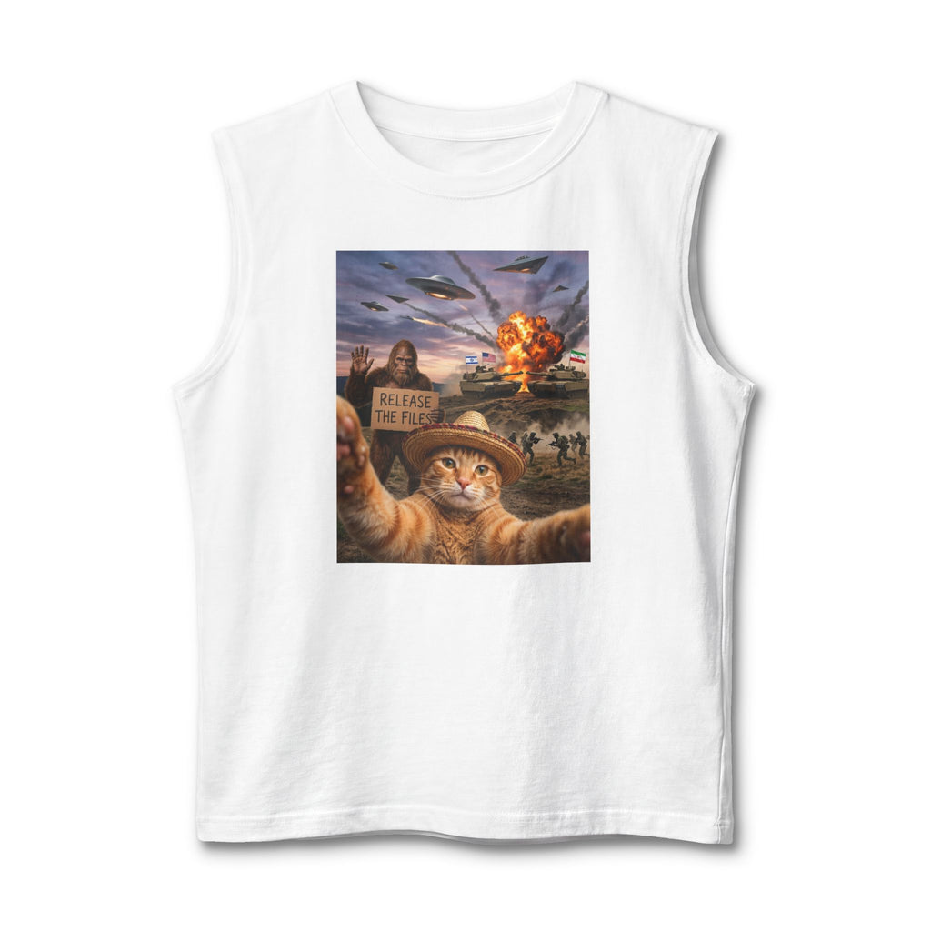 Cat Selfie Tank Top — 'Release the Felines' War Humor Graphic Muscle Tee