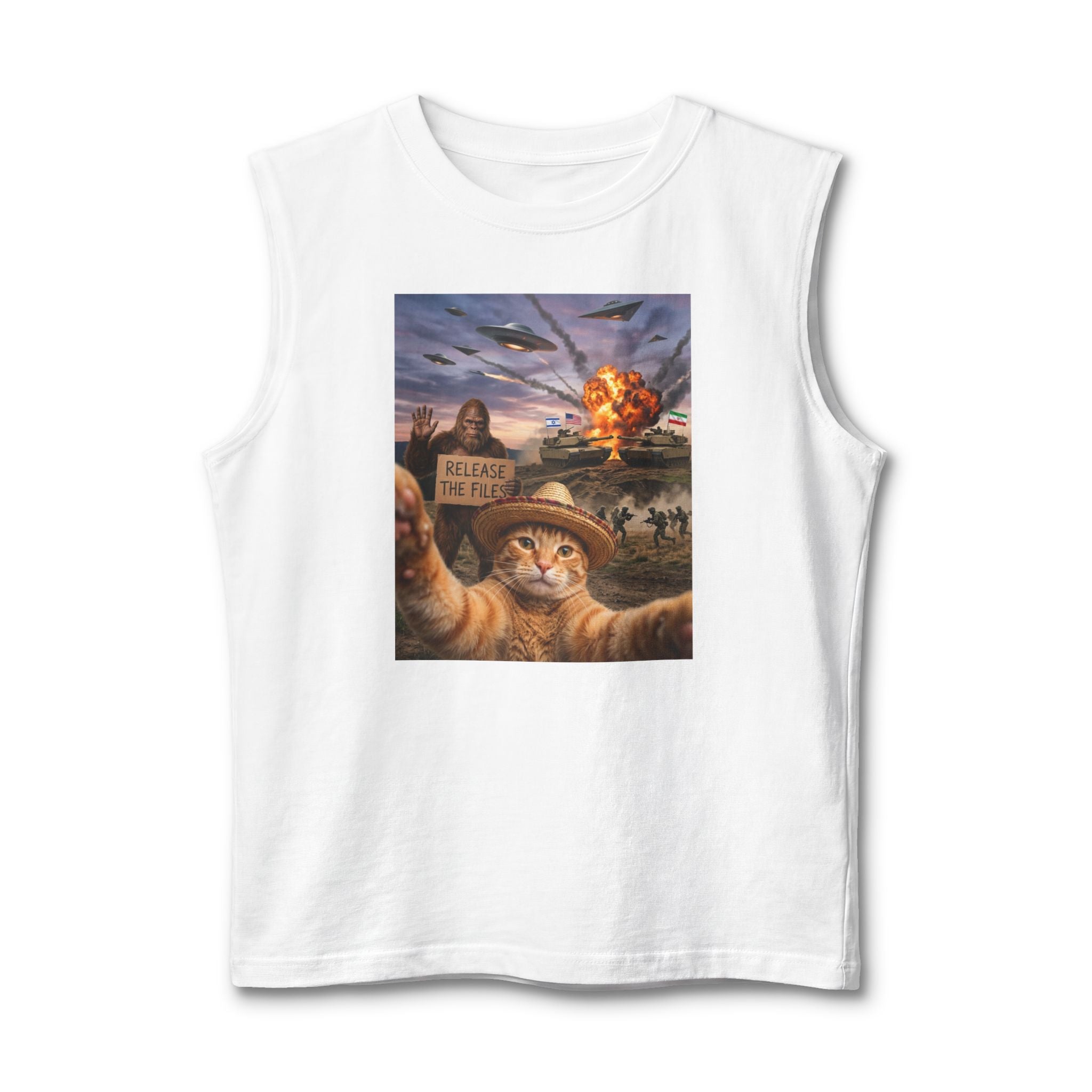 Cat Selfie Tank Top — 'Release the Felines' War Humor Graphic Muscle Tee