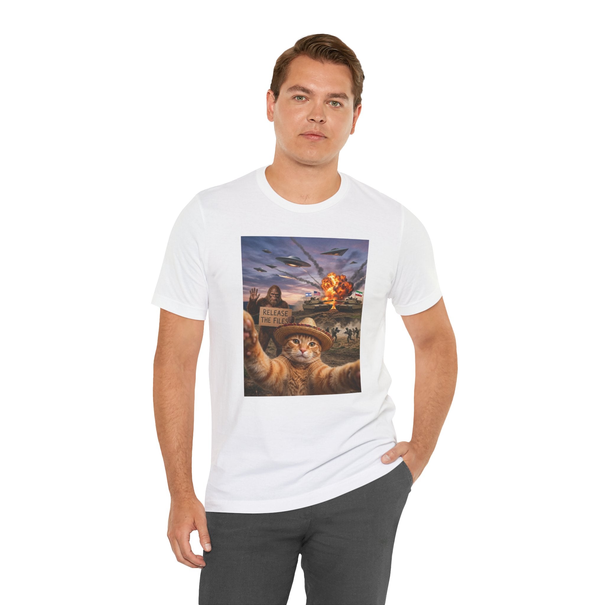 Apocalyptic Cat Selfie T‑Shirt – 'Release the Flies' Surreal Graphic Tee