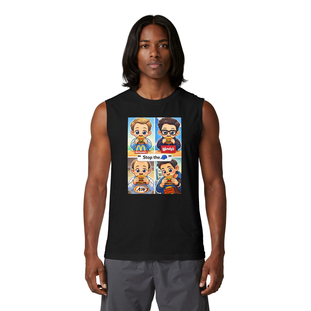 Fast Food Cartoon Split-Panel Muscle Tank — 'Stop the' Graphic