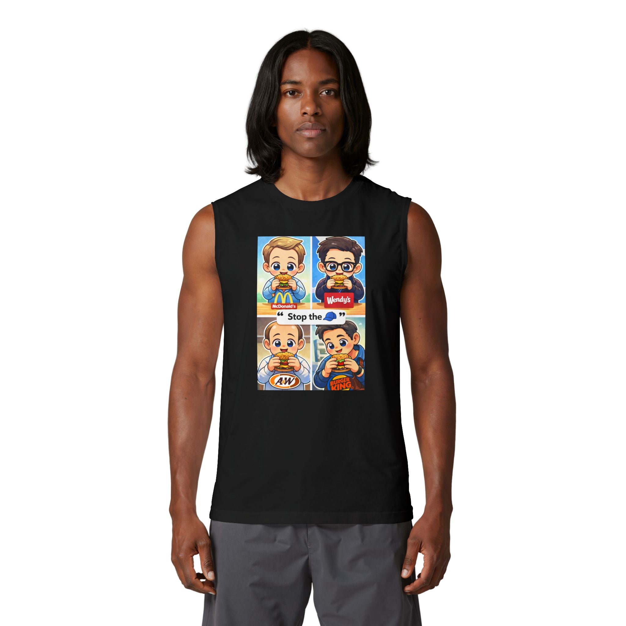 Fast Food Cartoon Split-Panel Muscle Tank — 'Stop the' Graphic