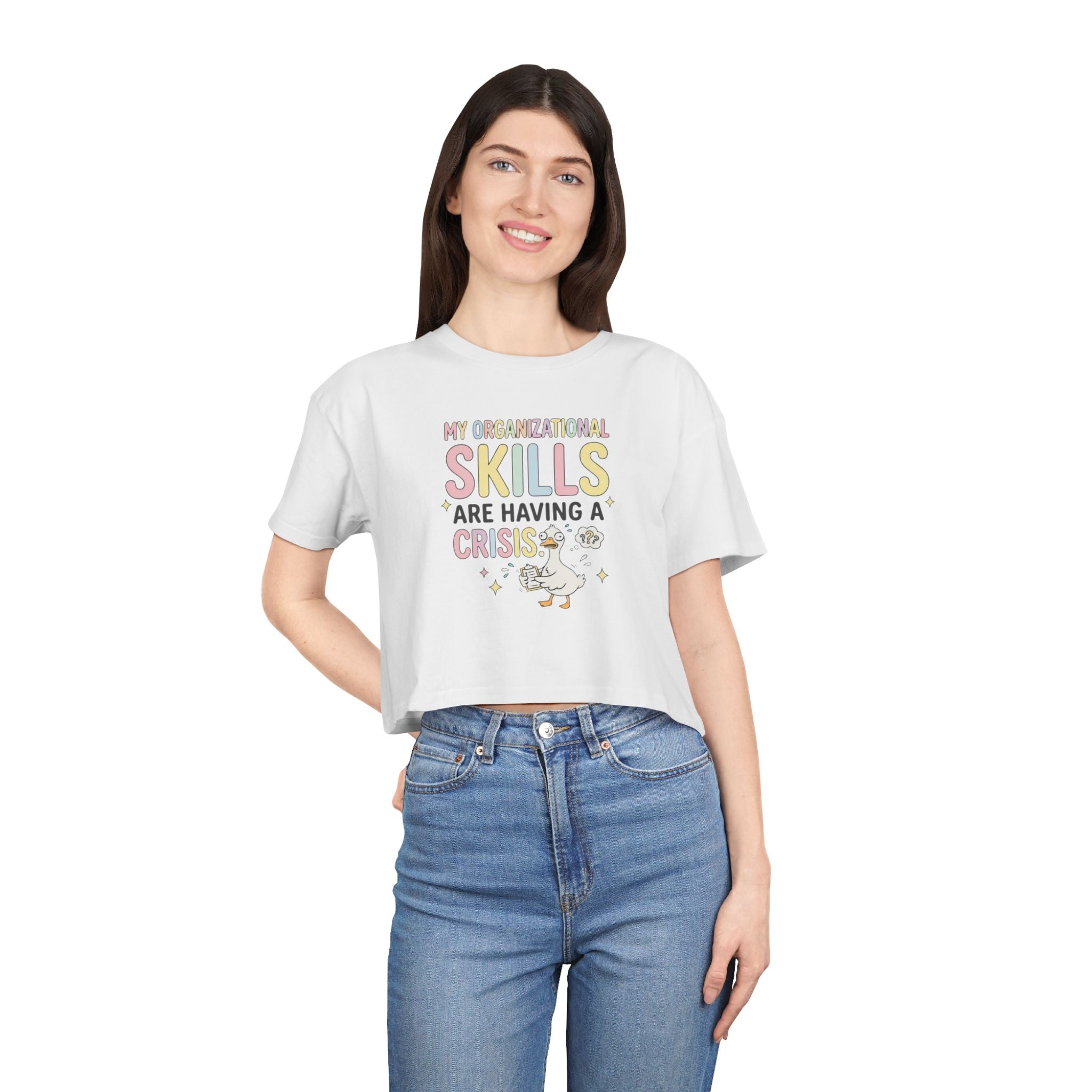 Crop Tee — "My Organizational Skills Are Having a Crisis" Cute Pastel Graphic