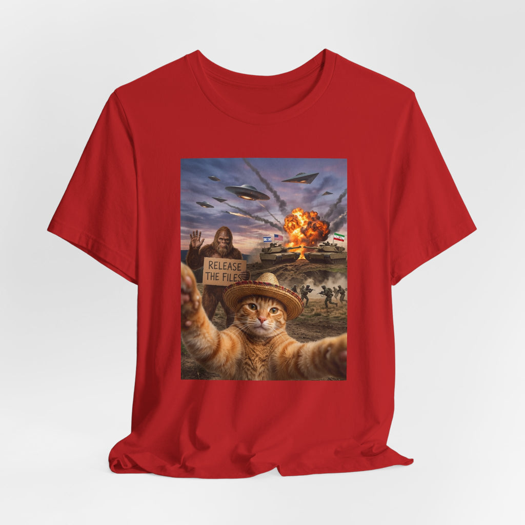 Apocalyptic Cat Selfie T‑Shirt – 'Release the Flies' Surreal Graphic Tee