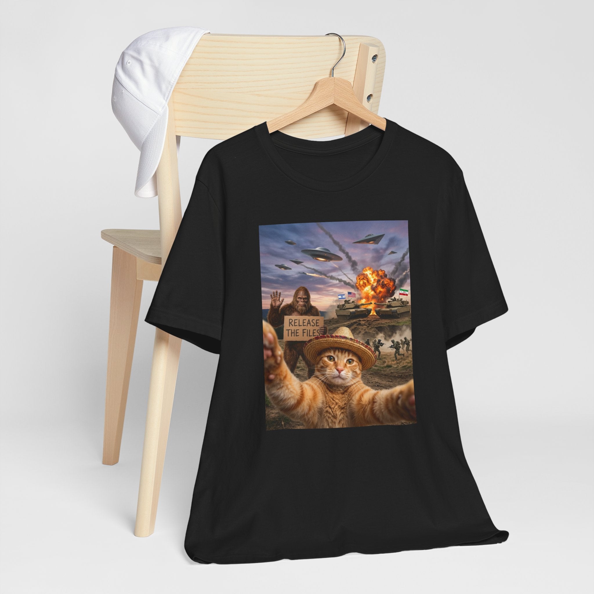 Apocalyptic Cat Selfie T‑Shirt – 'Release the Flies' Surreal Graphic Tee