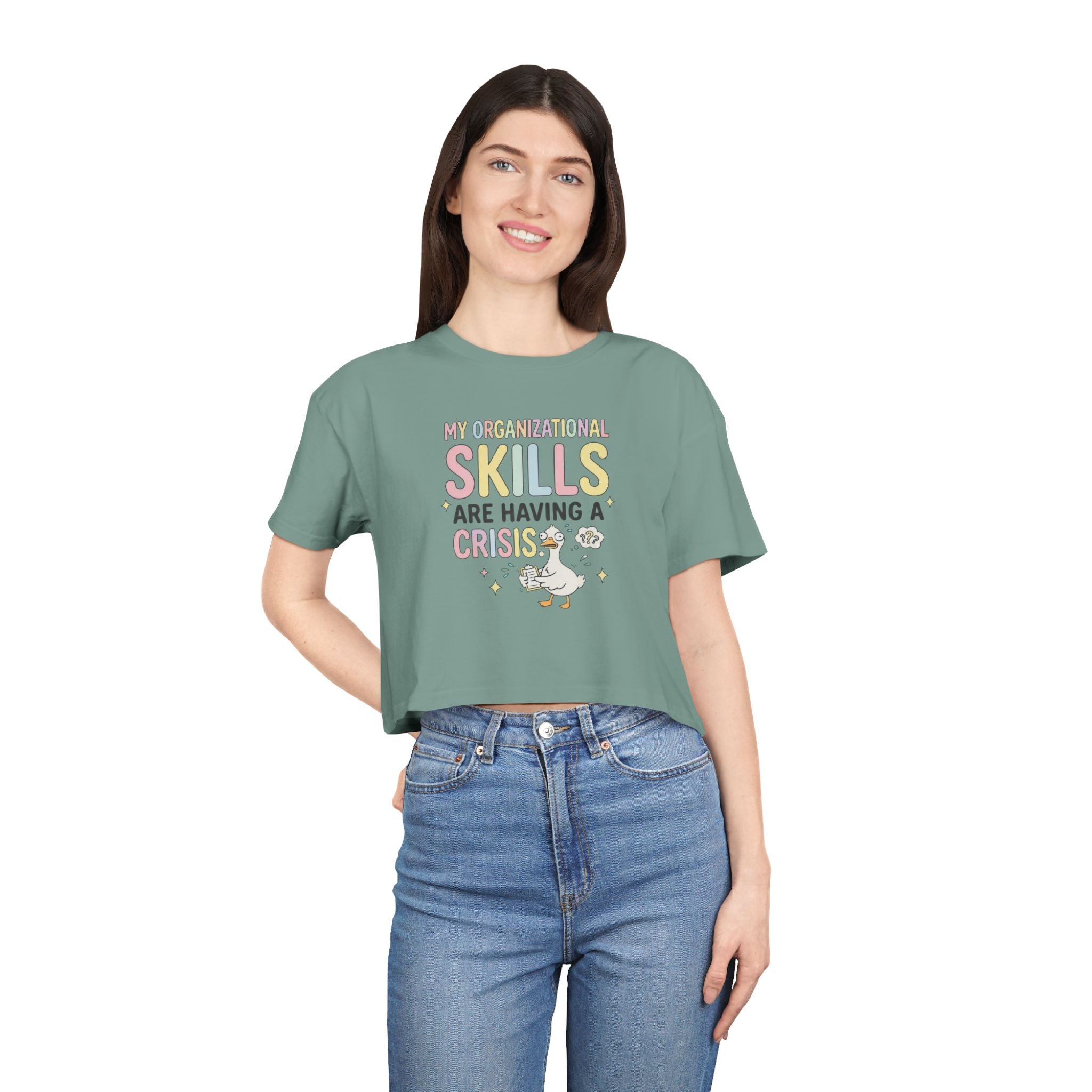 Crop Tee — "My Organizational Skills Are Having a Crisis" Cute Pastel Graphic