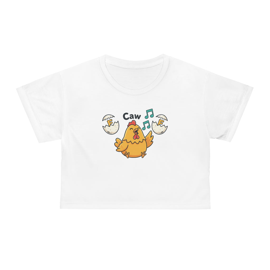 Cute Chick ‘Caw’ Graphic Crop Tee — Funny Chicken Cartoon Top
