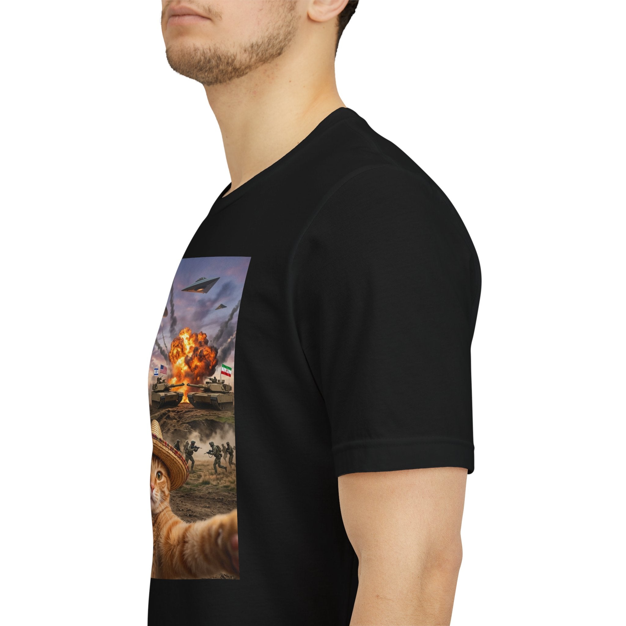 Apocalyptic Cat Selfie T‑Shirt – 'Release the Flies' Surreal Graphic Tee