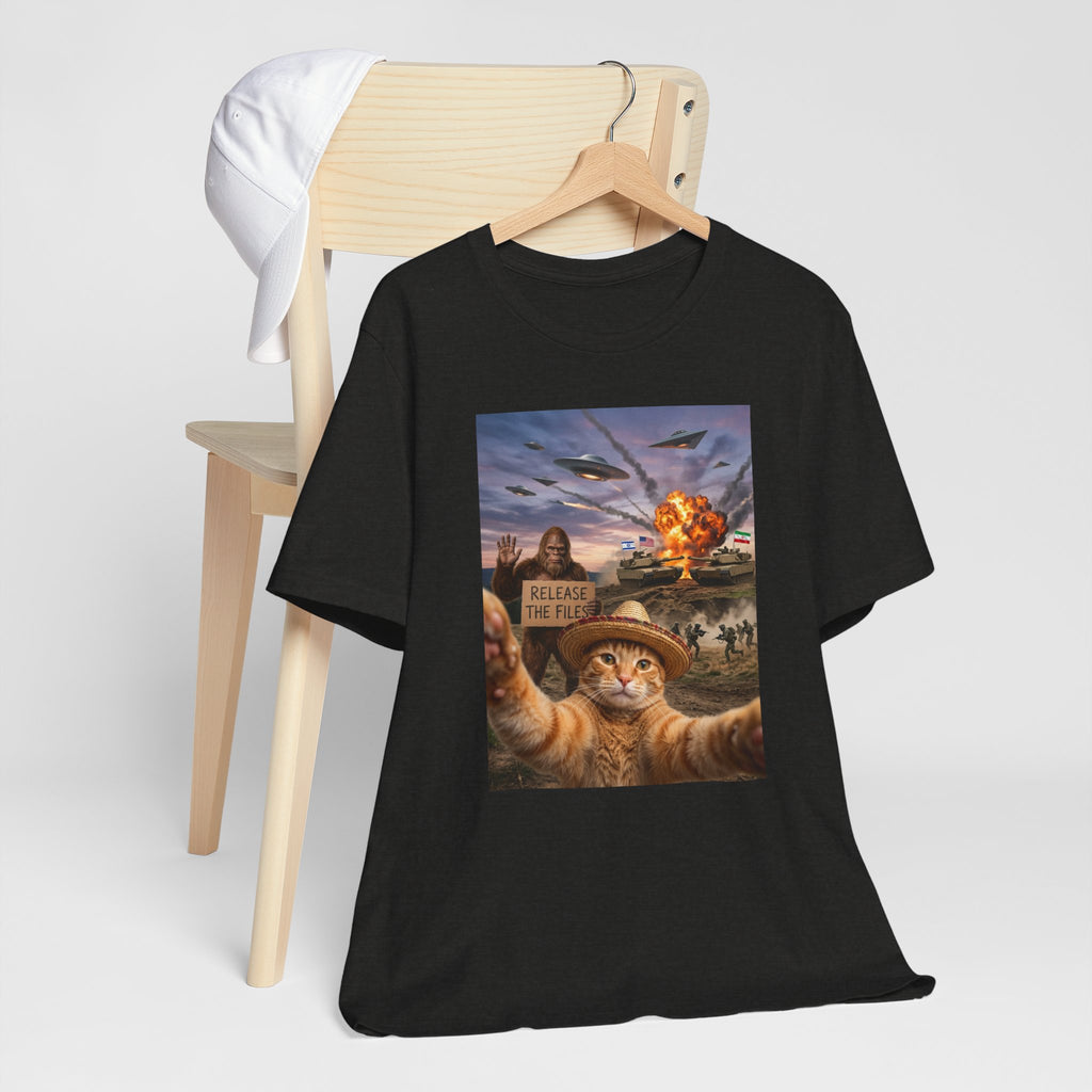 Apocalyptic Cat Selfie T‑Shirt – 'Release the Flies' Surreal Graphic Tee