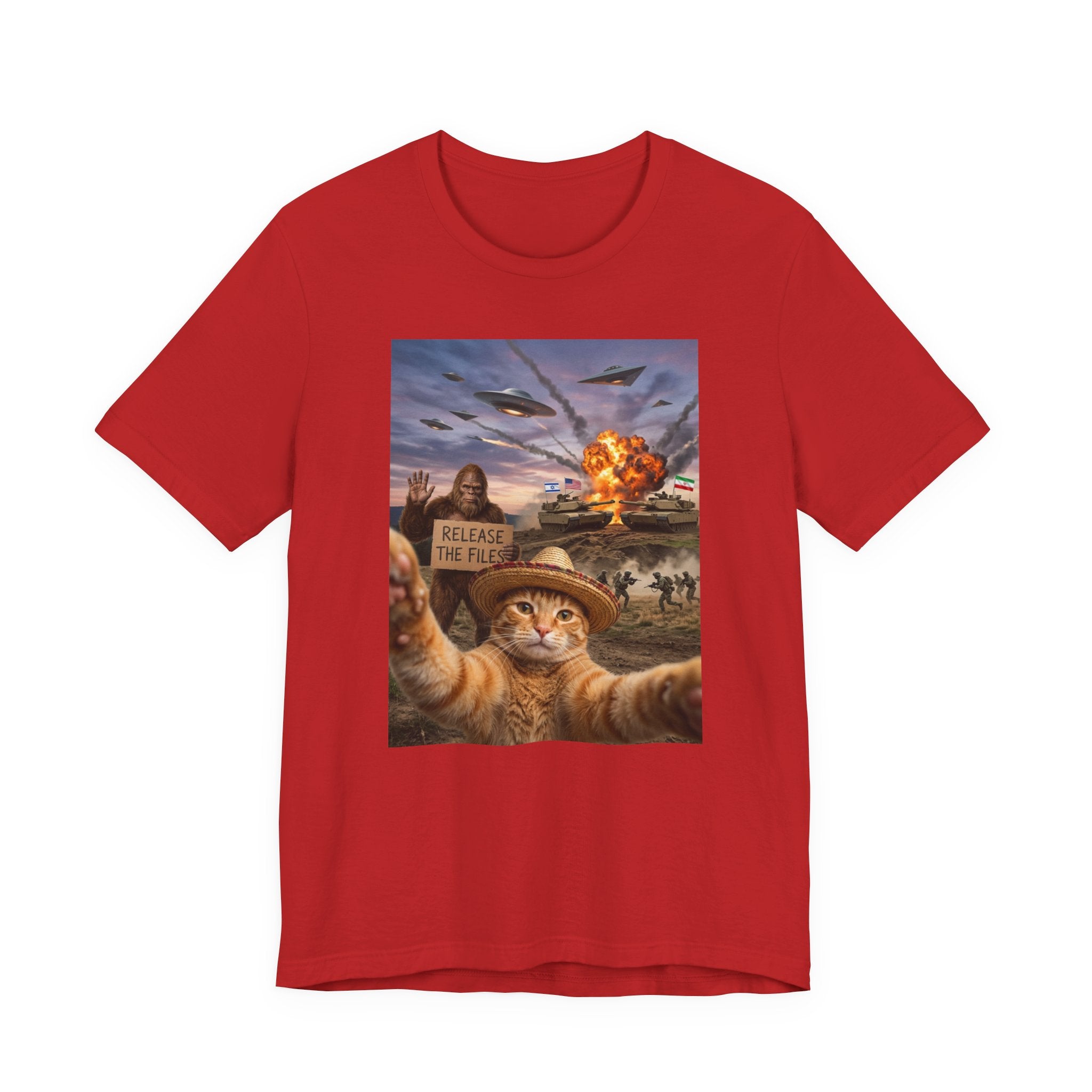 Apocalyptic Cat Selfie T‑Shirt – 'Release the Flies' Surreal Graphic Tee