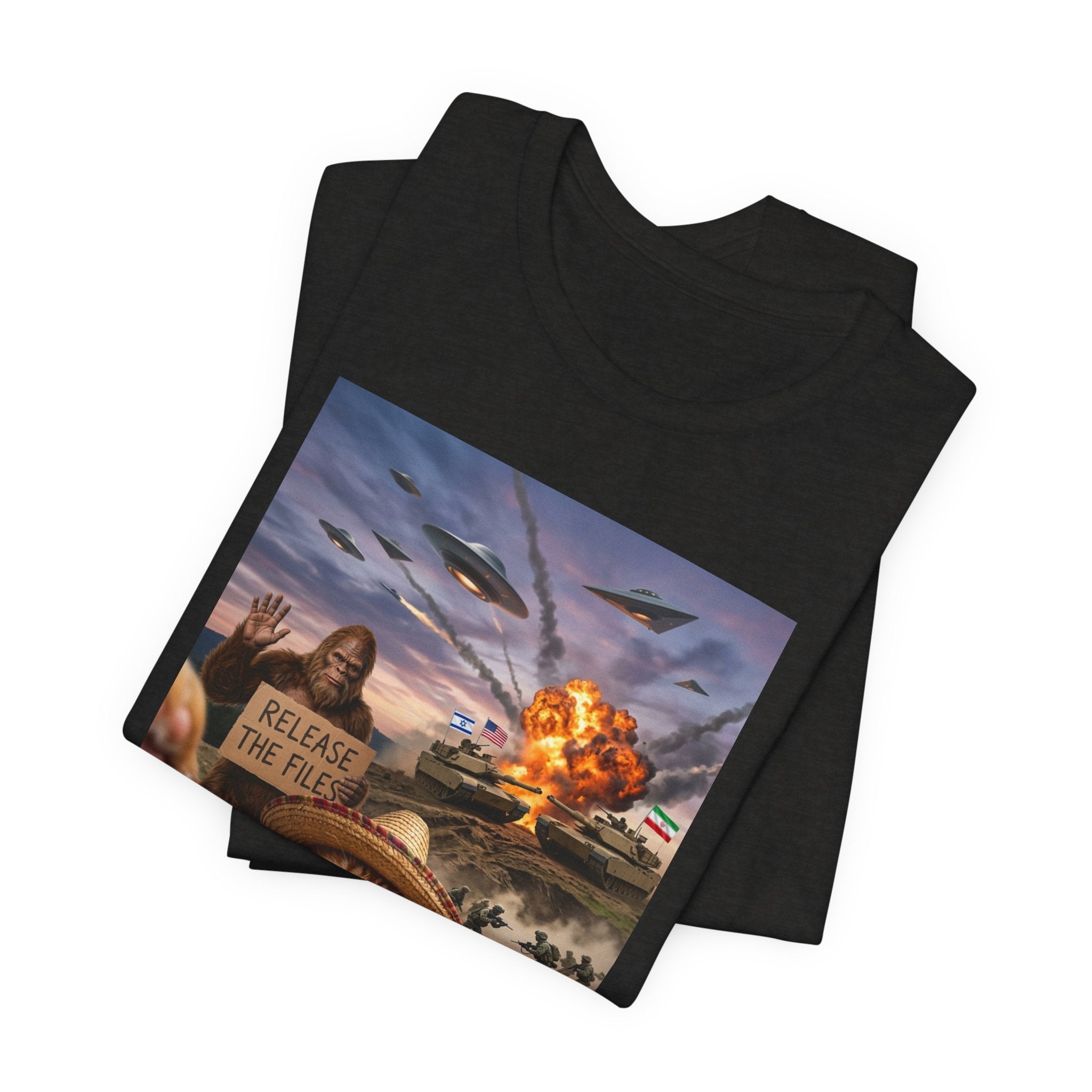 Apocalyptic Cat Selfie T‑Shirt – 'Release the Flies' Surreal Graphic Tee