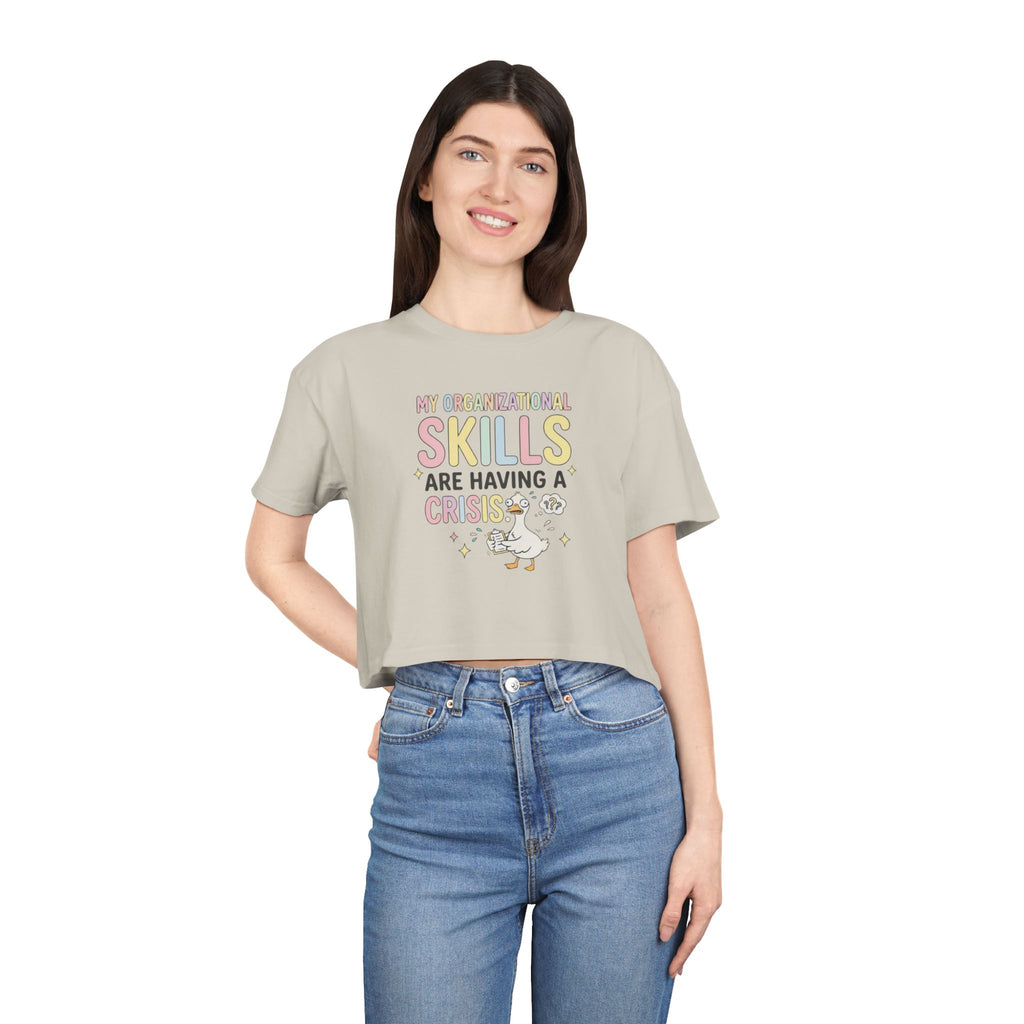 Crop Tee — "My Organizational Skills Are Having a Crisis" Cute Pastel Graphic