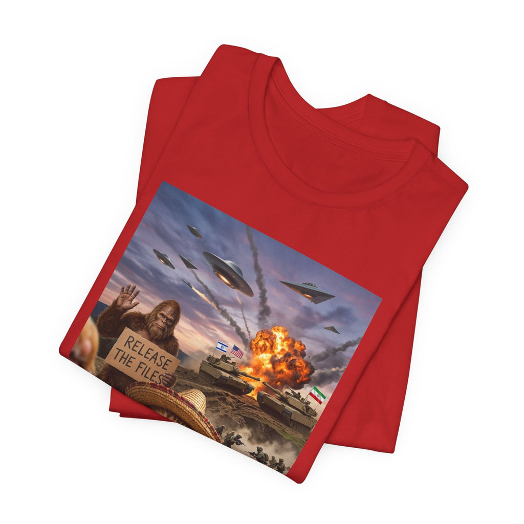 Apocalyptic Cat Selfie T‑Shirt – 'Release the Flies' Surreal Graphic Tee