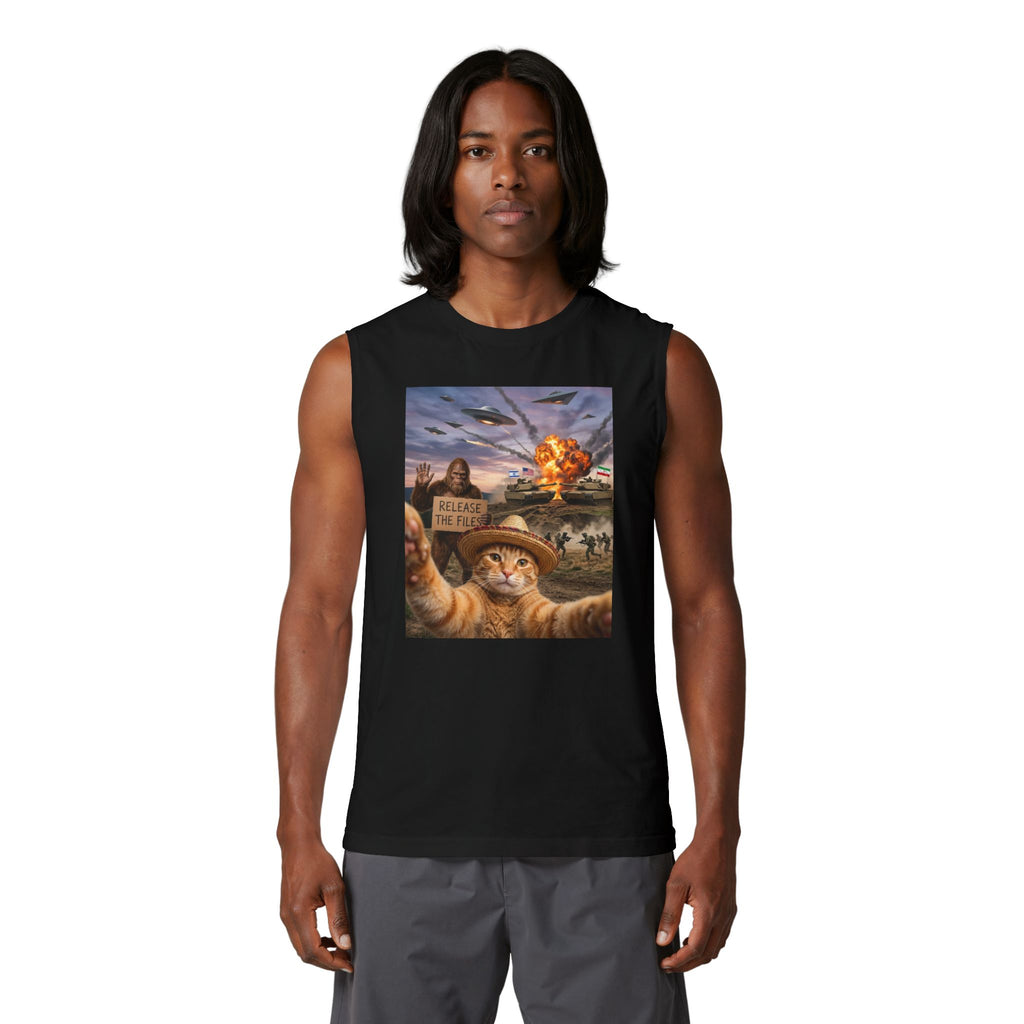 Cat Selfie Tank Top — 'Release the Felines' War Humor Graphic Muscle Tee