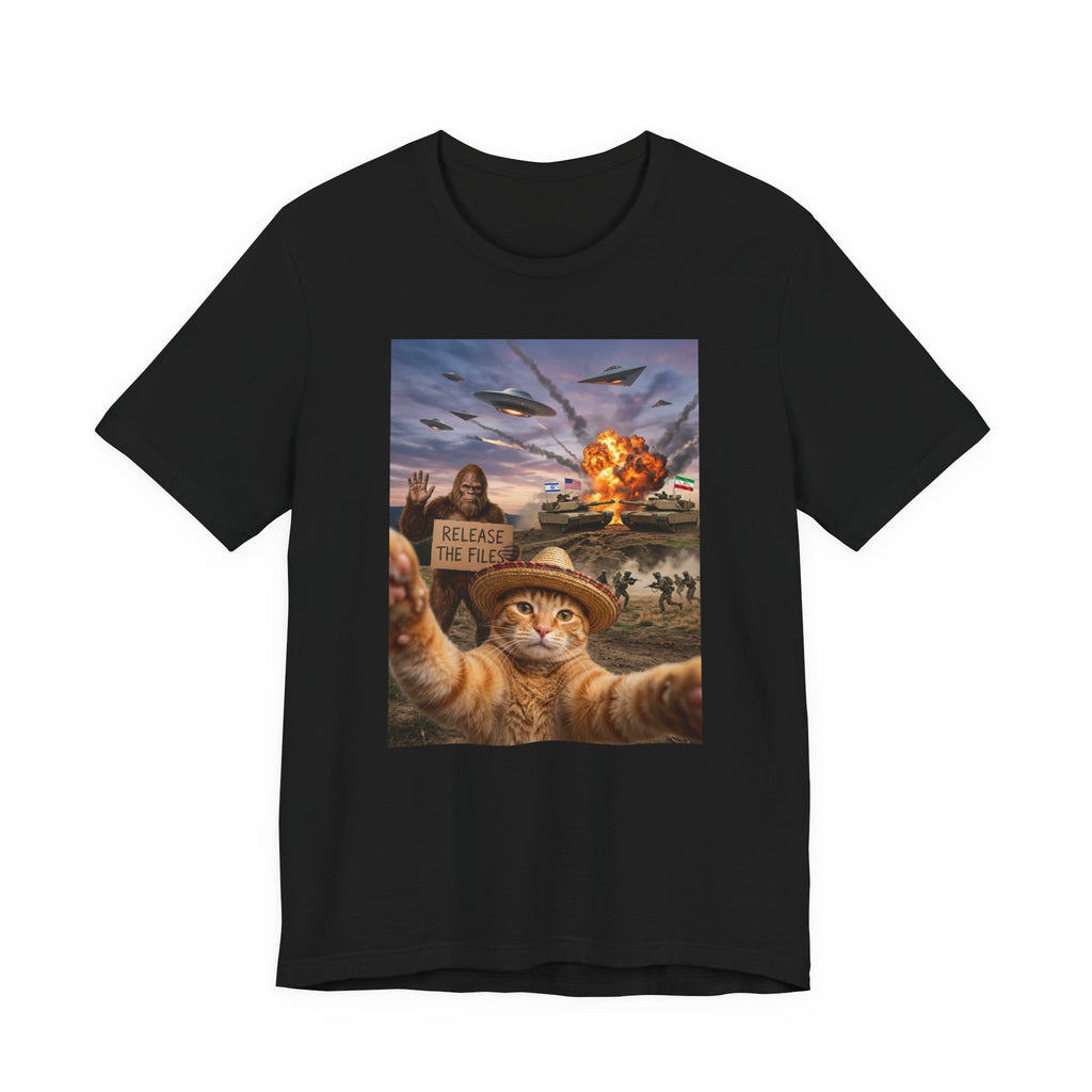 Apocalyptic Cat Selfie T‑Shirt – 'Release the Flies' Surreal Graphic Tee