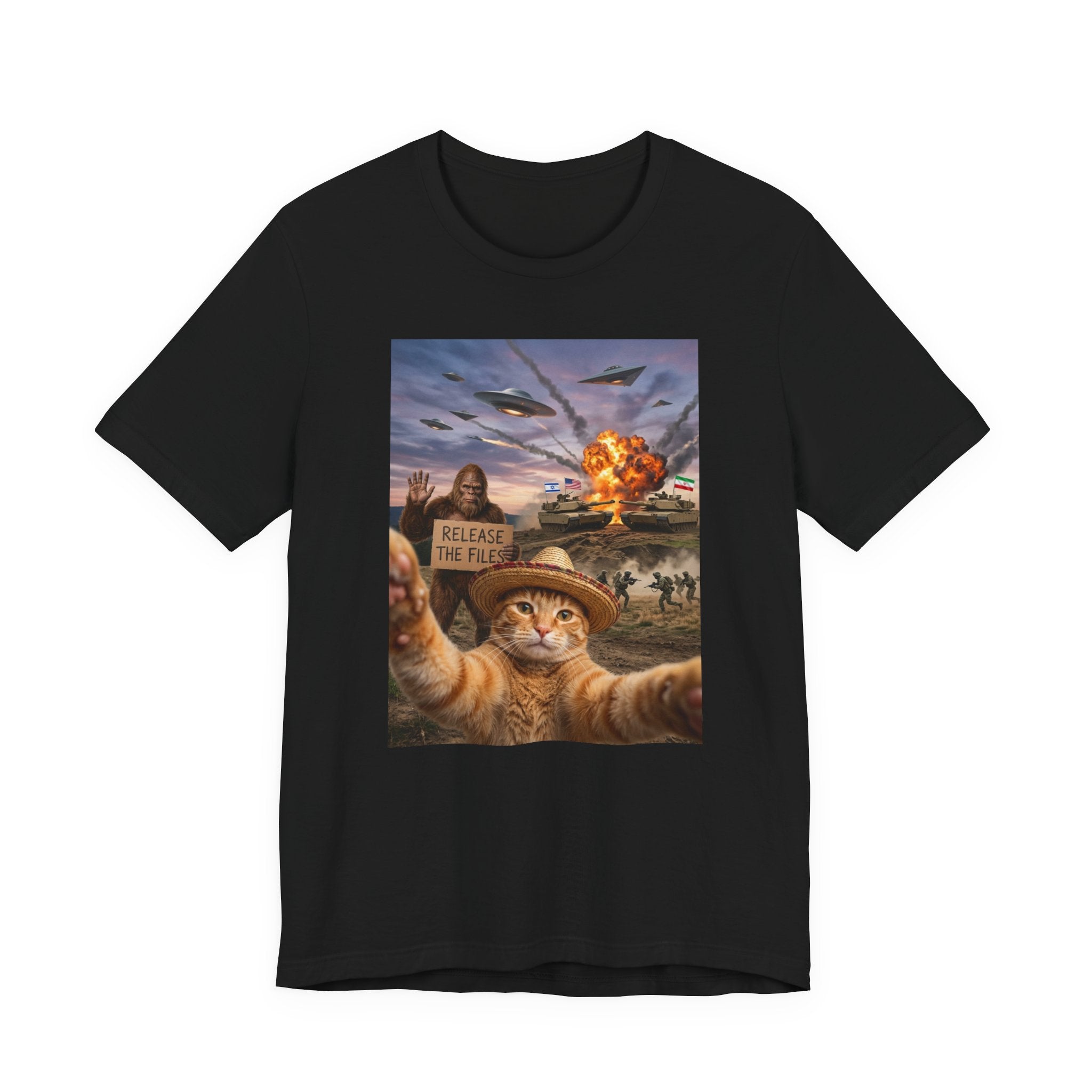 Apocalyptic Cat Selfie T‑Shirt – 'Release the Flies' Surreal Graphic Tee