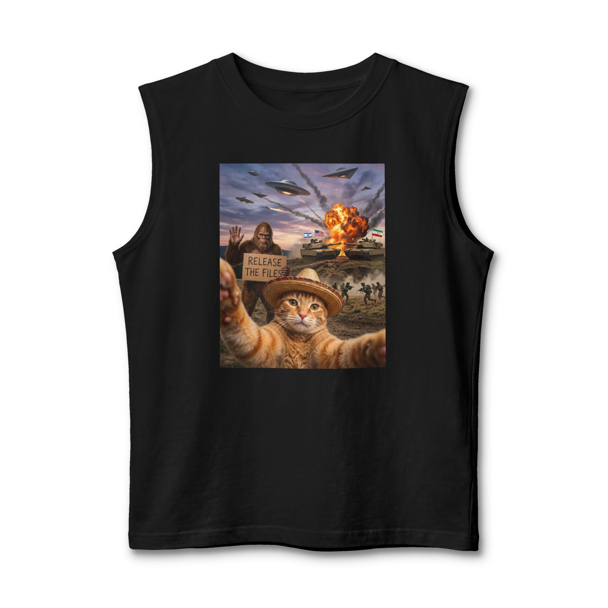 Cat Selfie Tank Top — 'Release the Felines' War Humor Graphic Muscle Tee
