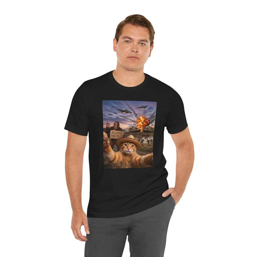 Apocalyptic Cat Selfie T‑Shirt – 'Release the Flies' Surreal Graphic Tee