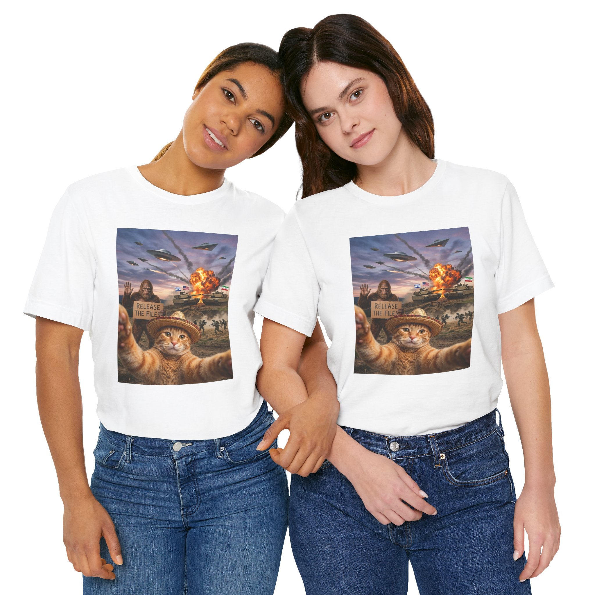 Apocalyptic Cat Selfie T‑Shirt – 'Release the Flies' Surreal Graphic Tee