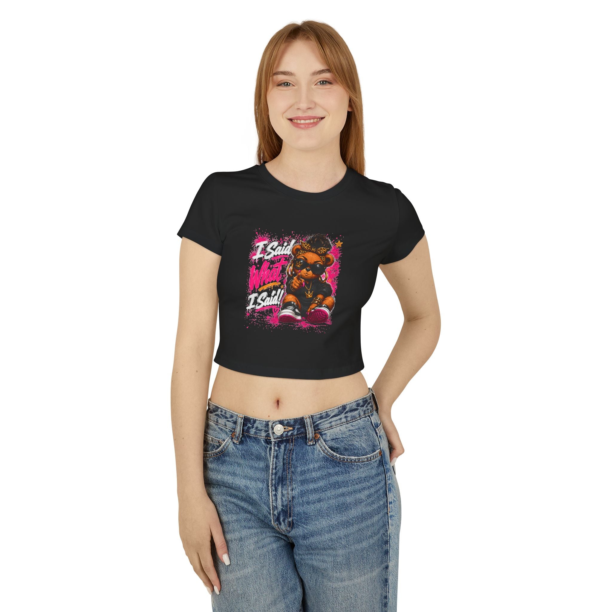 “I said what I said” - Vintage Cute Bear Graphic Crop Tee — 'CUTE' Pink Streetwear Women's Baby Tee