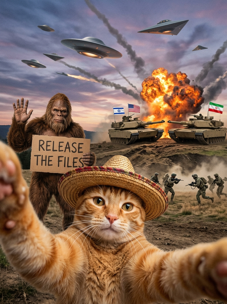 Apocalyptic Cat Selfie T‑Shirt – 'Release the Flies' Surreal Graphic Tee