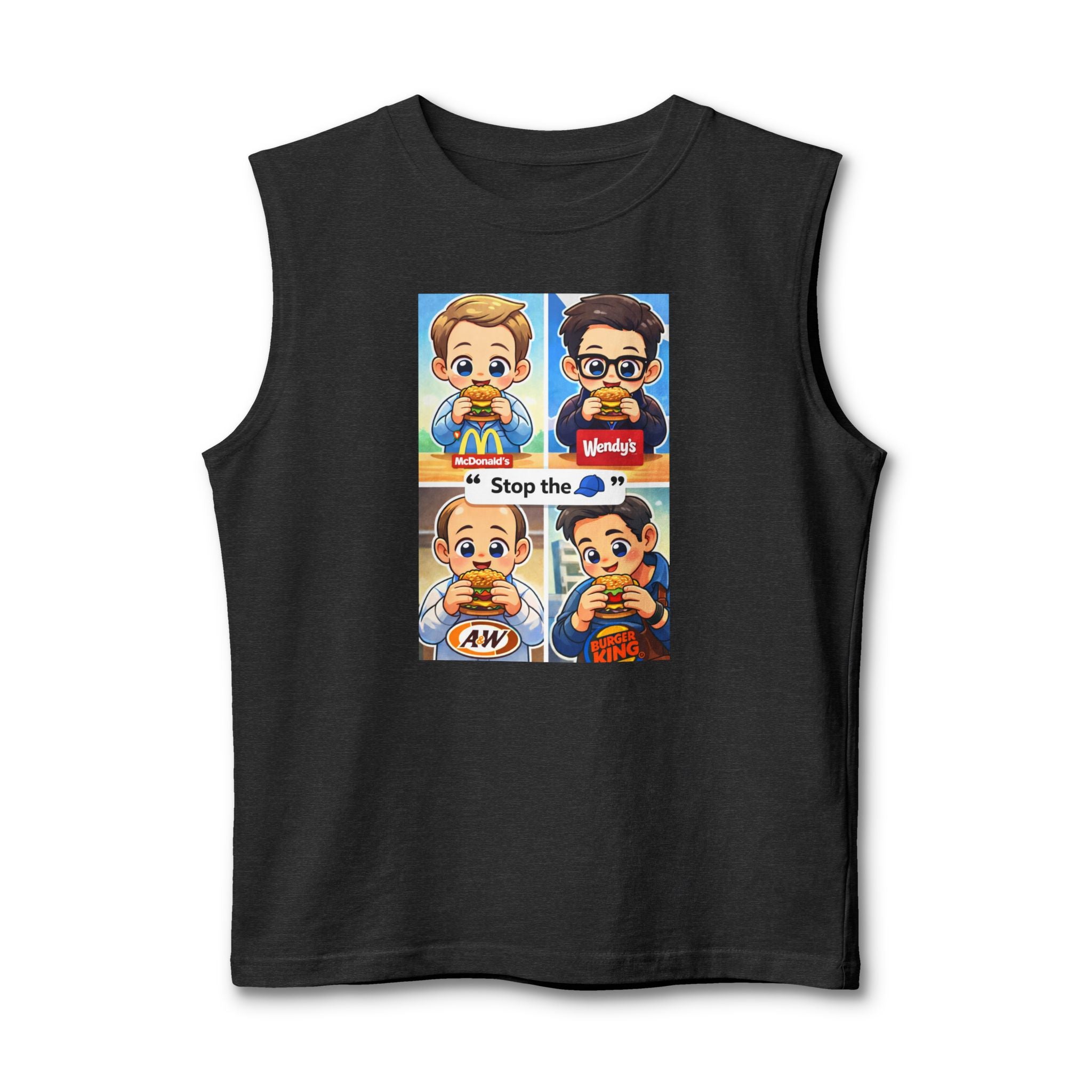 Fast Food Cartoon Split-Panel Muscle Tank — 'Stop the' Graphic