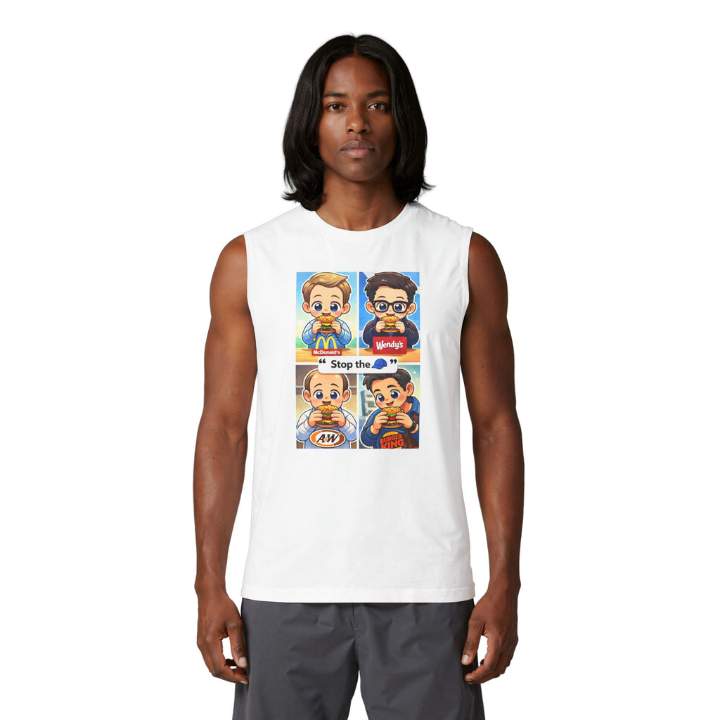 Fast Food Cartoon Split-Panel Muscle Tank — 'Stop the' Graphic