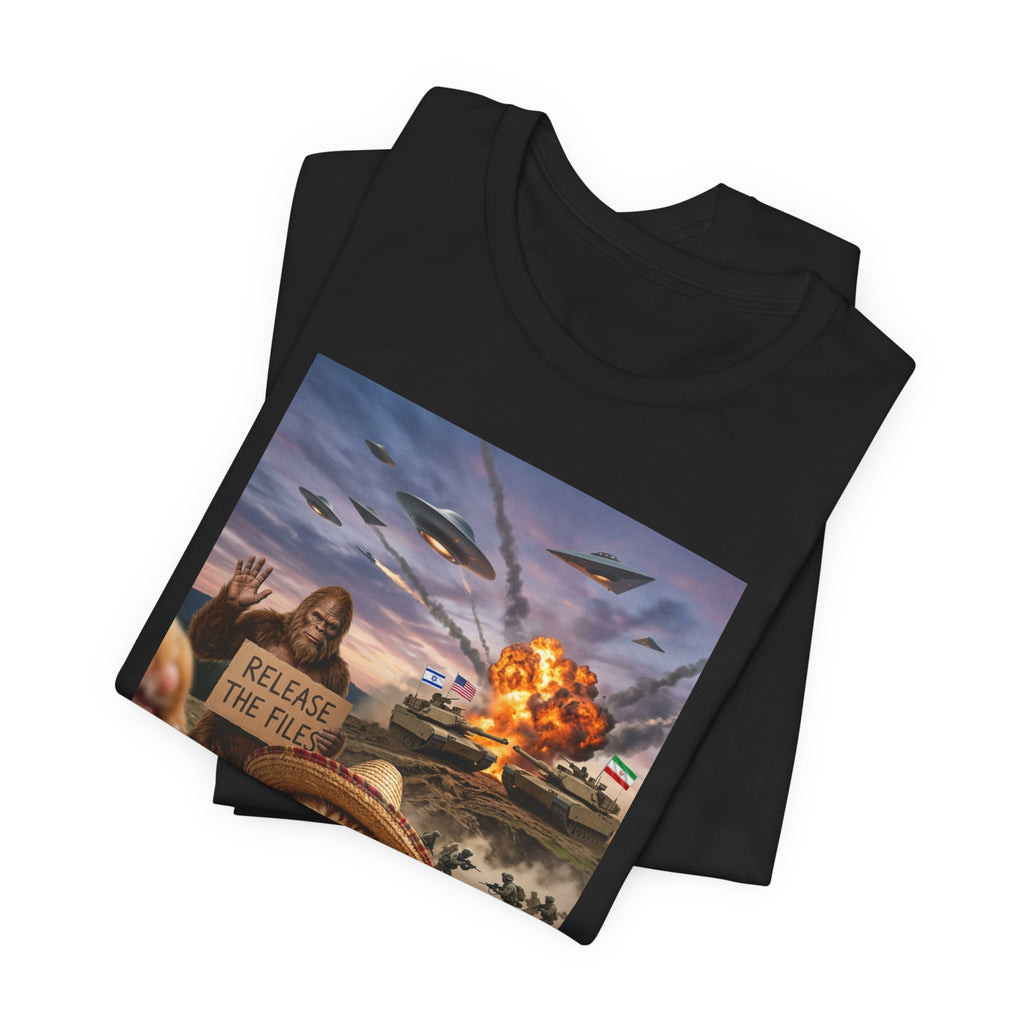 Apocalyptic Cat Selfie T‑Shirt – 'Release the Flies' Surreal Graphic Tee