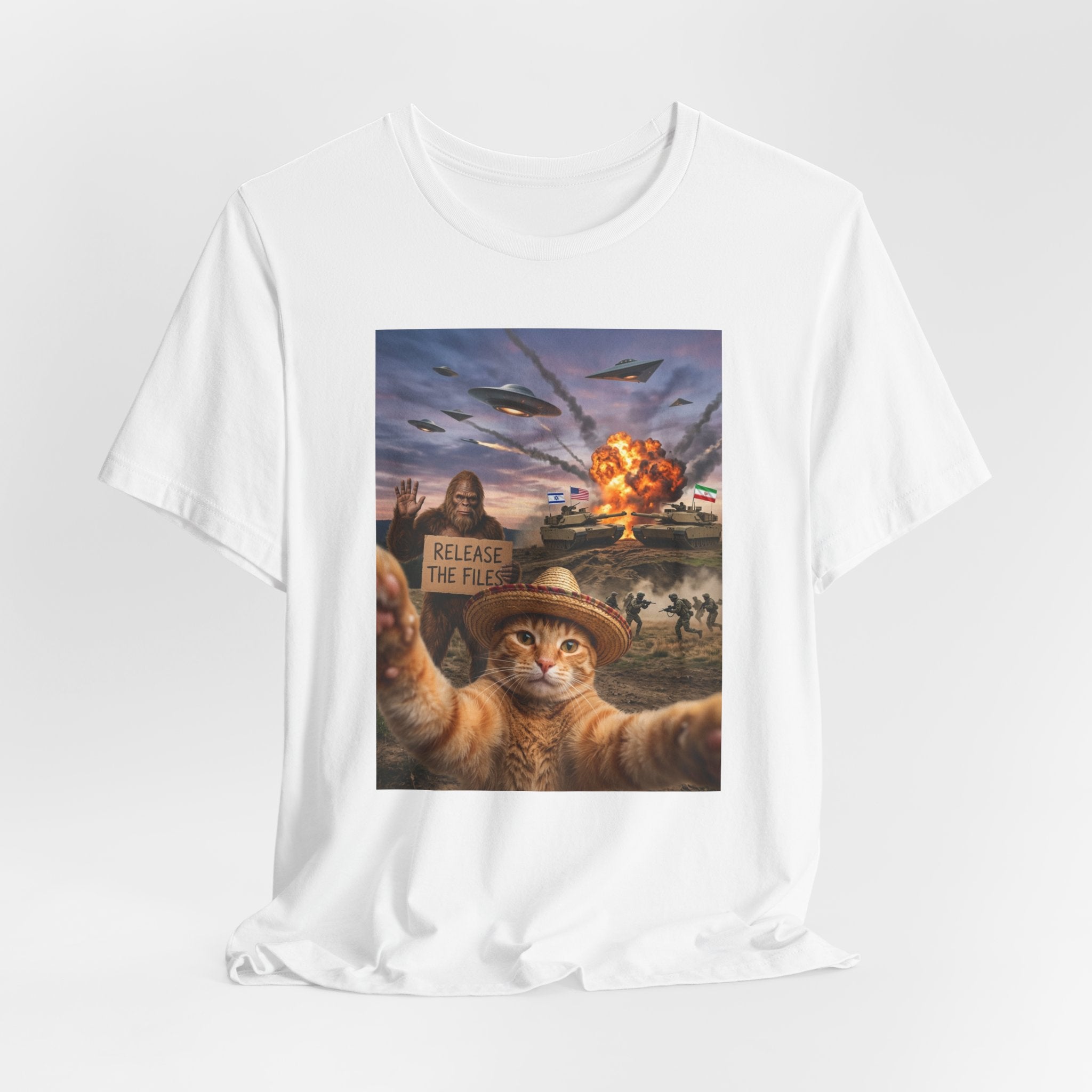 Apocalyptic Cat Selfie T‑Shirt – 'Release the Flies' Surreal Graphic Tee