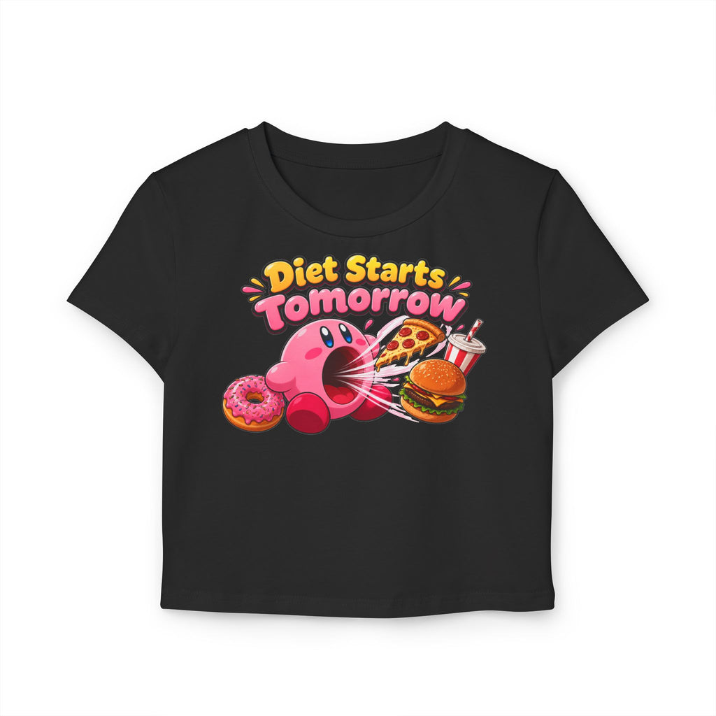 Diet Starts Tomorrow Baby Tee — Cute Kirby Eating Pizza, Donut & Burger Graphic