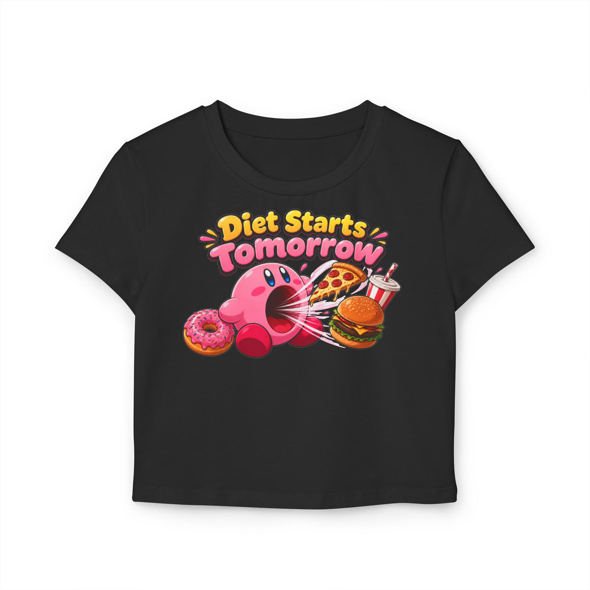 Diet Starts Tomorrow Baby Tee — Cute Kirby Eating Pizza, Donut & Burger Graphic