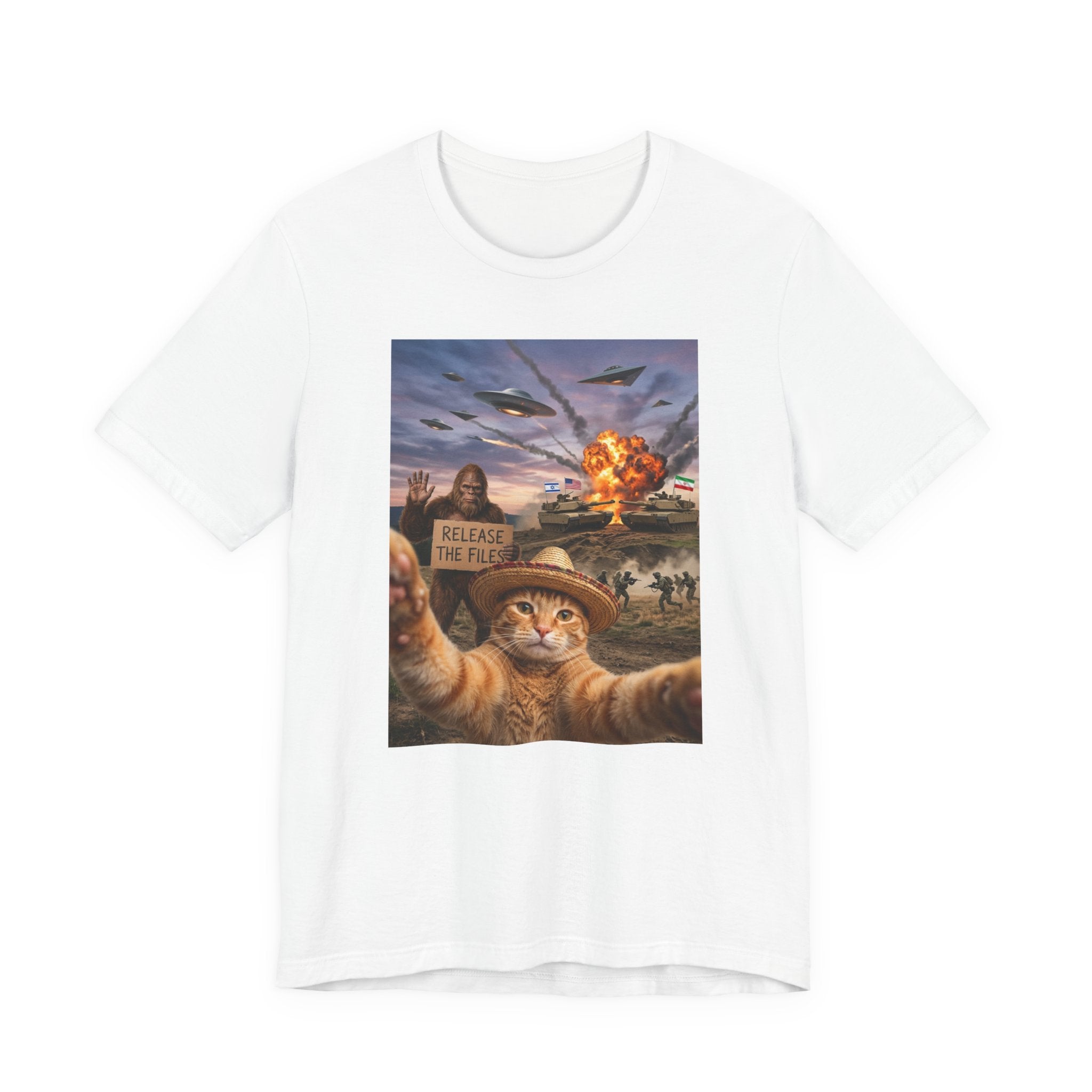 Apocalyptic Cat Selfie T‑Shirt – 'Release the Flies' Surreal Graphic Tee
