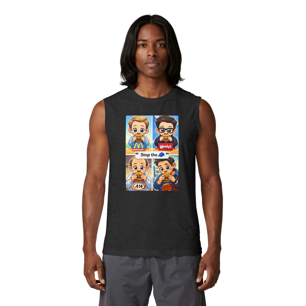 Fast Food Cartoon Split-Panel Muscle Tank — 'Stop the' Graphic