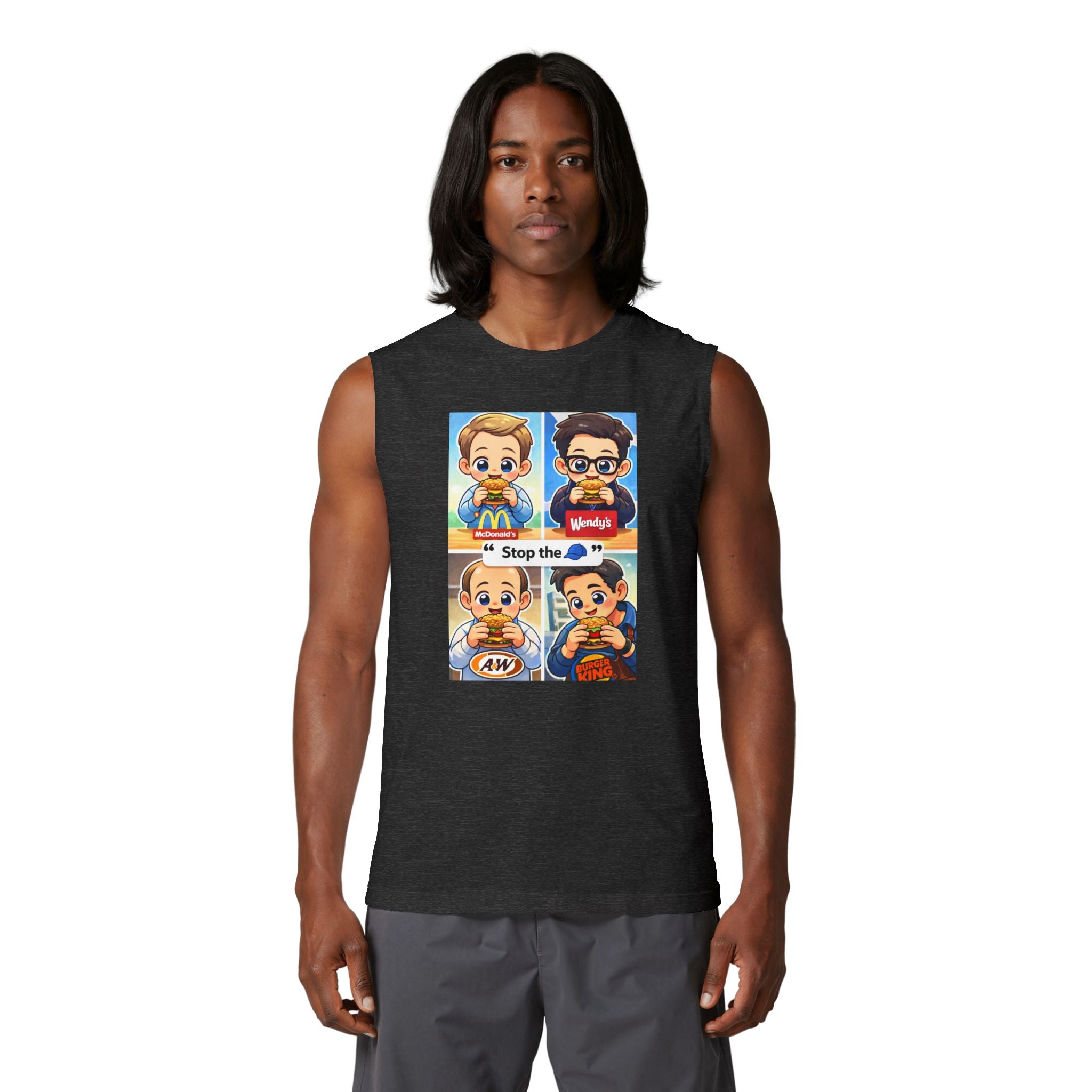 Fast Food Cartoon Split-Panel Muscle Tank — 'Stop the' Graphic
