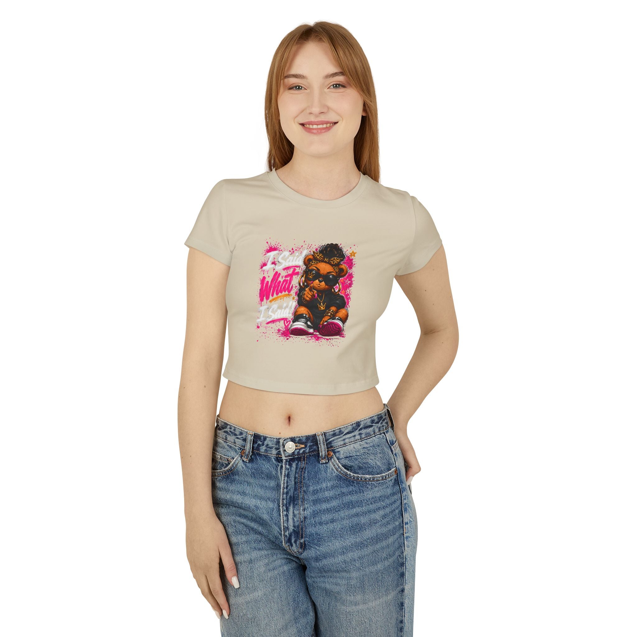 “I said what I said” - Vintage Cute Bear Graphic Crop Tee — 'CUTE' Pink Streetwear Women's Baby Tee