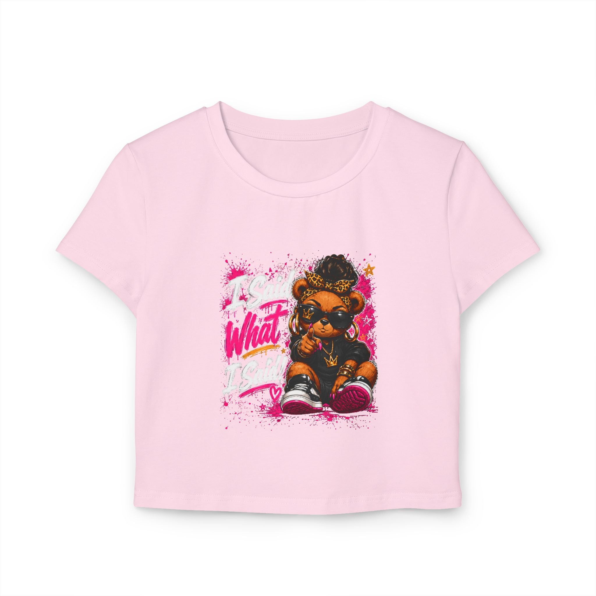 “I said what I said” - Vintage Cute Bear Graphic Crop Tee — 'CUTE' Pink Streetwear Women's Baby Tee