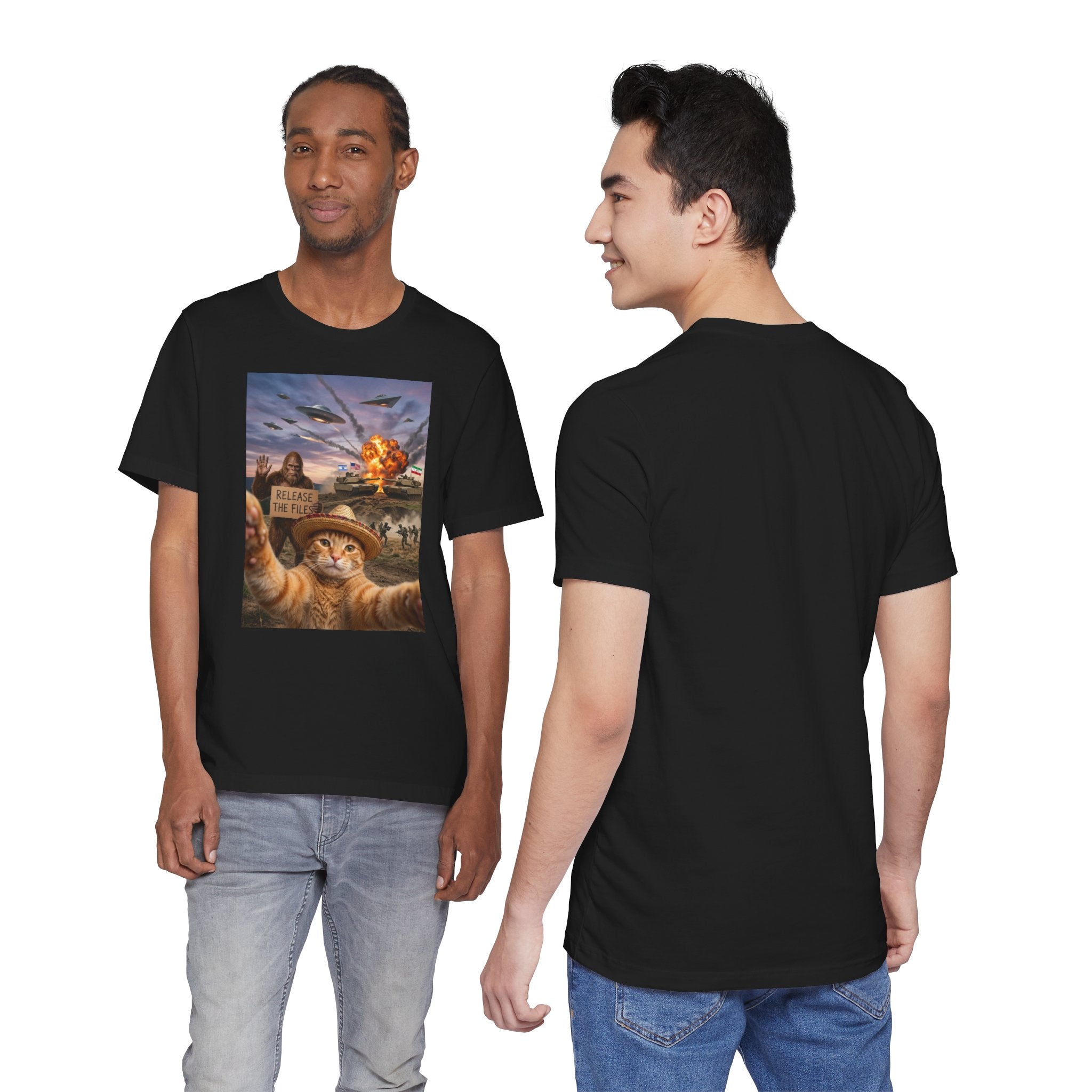 Apocalyptic Cat Selfie T‑Shirt – 'Release the Flies' Surreal Graphic Tee