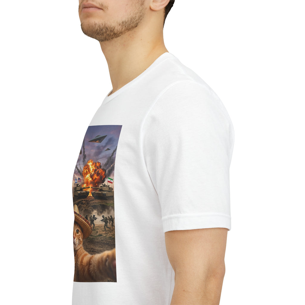 Apocalyptic Cat Selfie T‑Shirt – 'Release the Flies' Surreal Graphic Tee