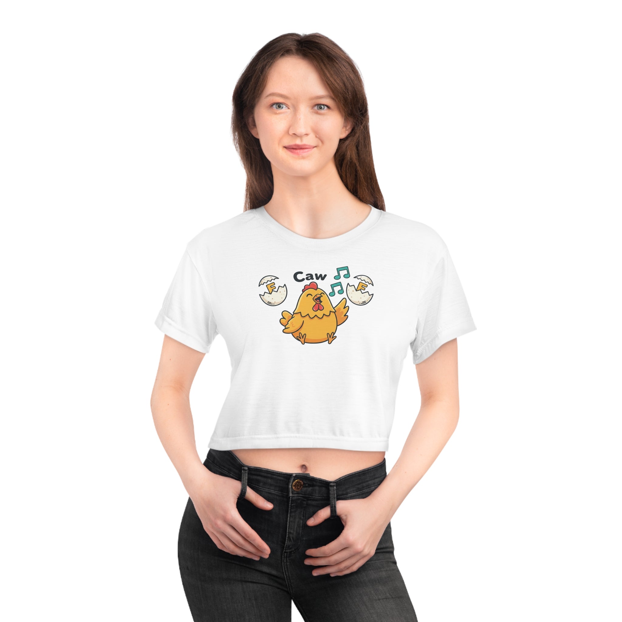 Cute Chick ‘Caw’ Graphic Crop Tee — Funny Chicken Cartoon Top