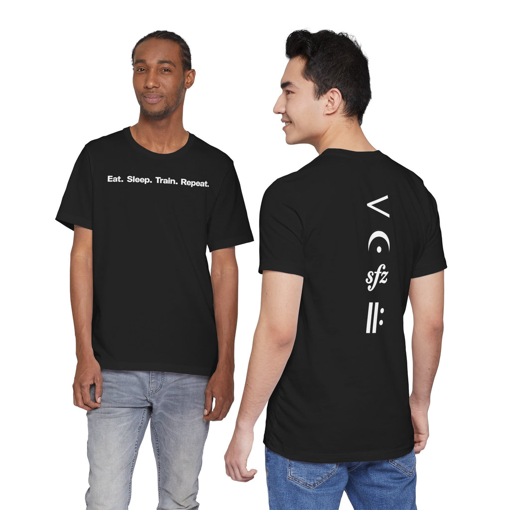 Eat. Sleep. Train. Repeat. Tee — Minimalist Music Symbols T‑Shirt