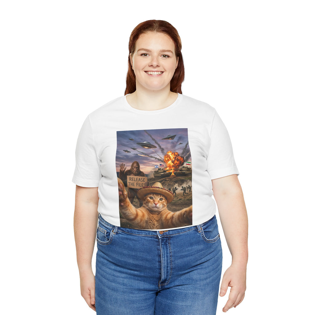 Apocalyptic Cat Selfie T‑Shirt – 'Release the Flies' Surreal Graphic Tee